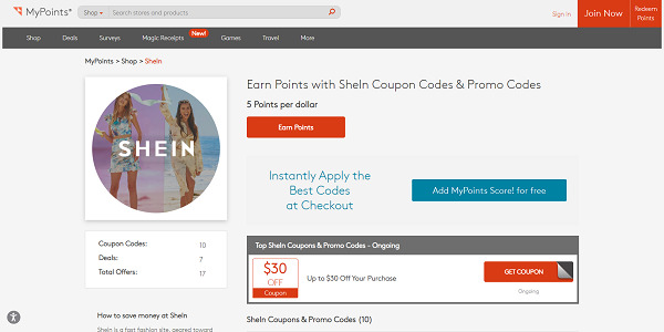 MyPoints Shein coupons