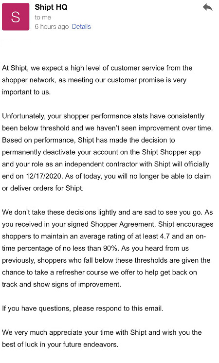 Shipt Shopper Deactivation Email