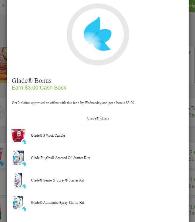 An example of a bonus offer going on right now - earn $3 just for buying at least one specific Glade product.
